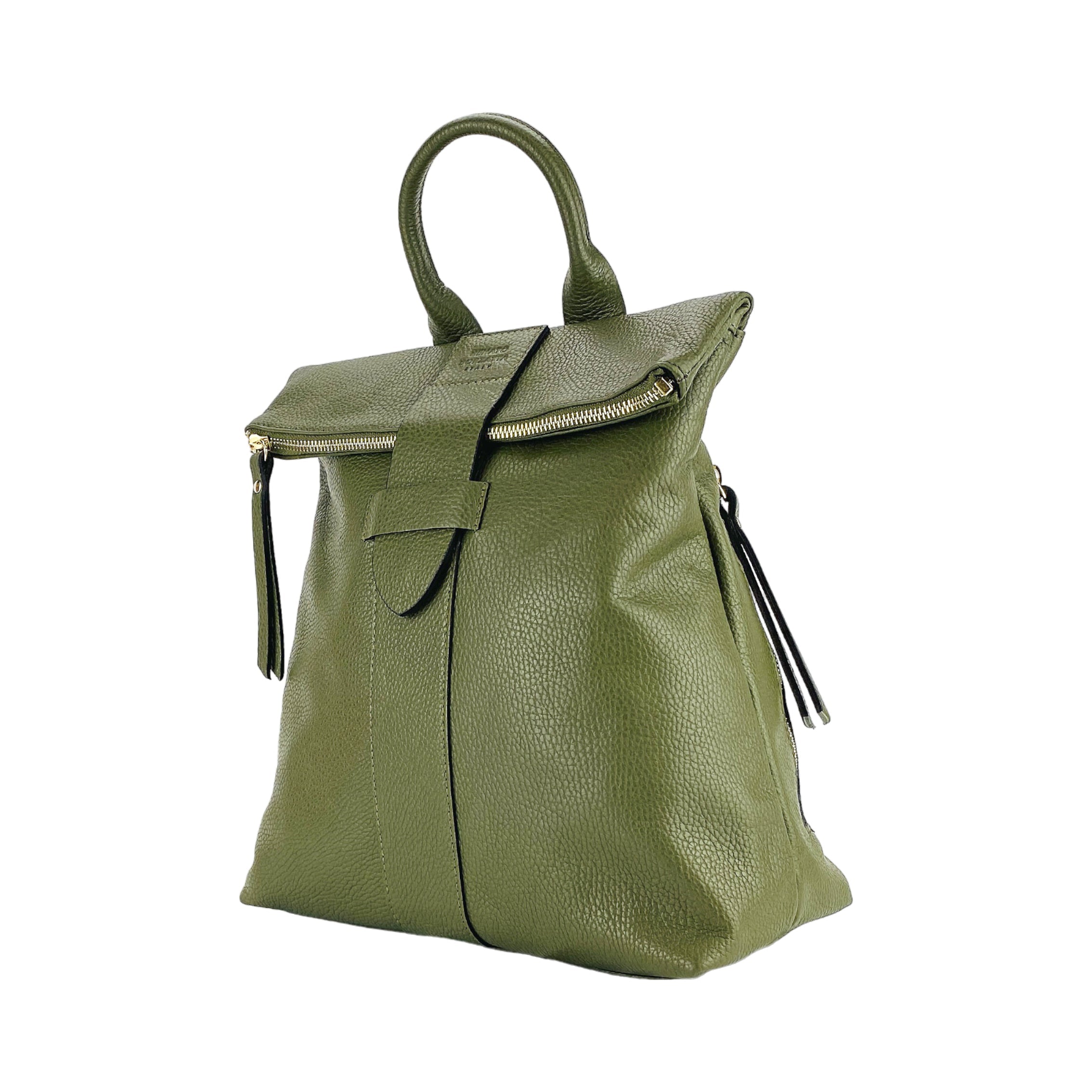 RB1021E | Zaino Donna Morbido in Vera Pelle Made in Italy con Spallacci regolabili. Chiusura lampo e Accessori in metallo Oro Lucido - Colore Verde - Dimensioni: cm 30 x 34 x 10,5-1
