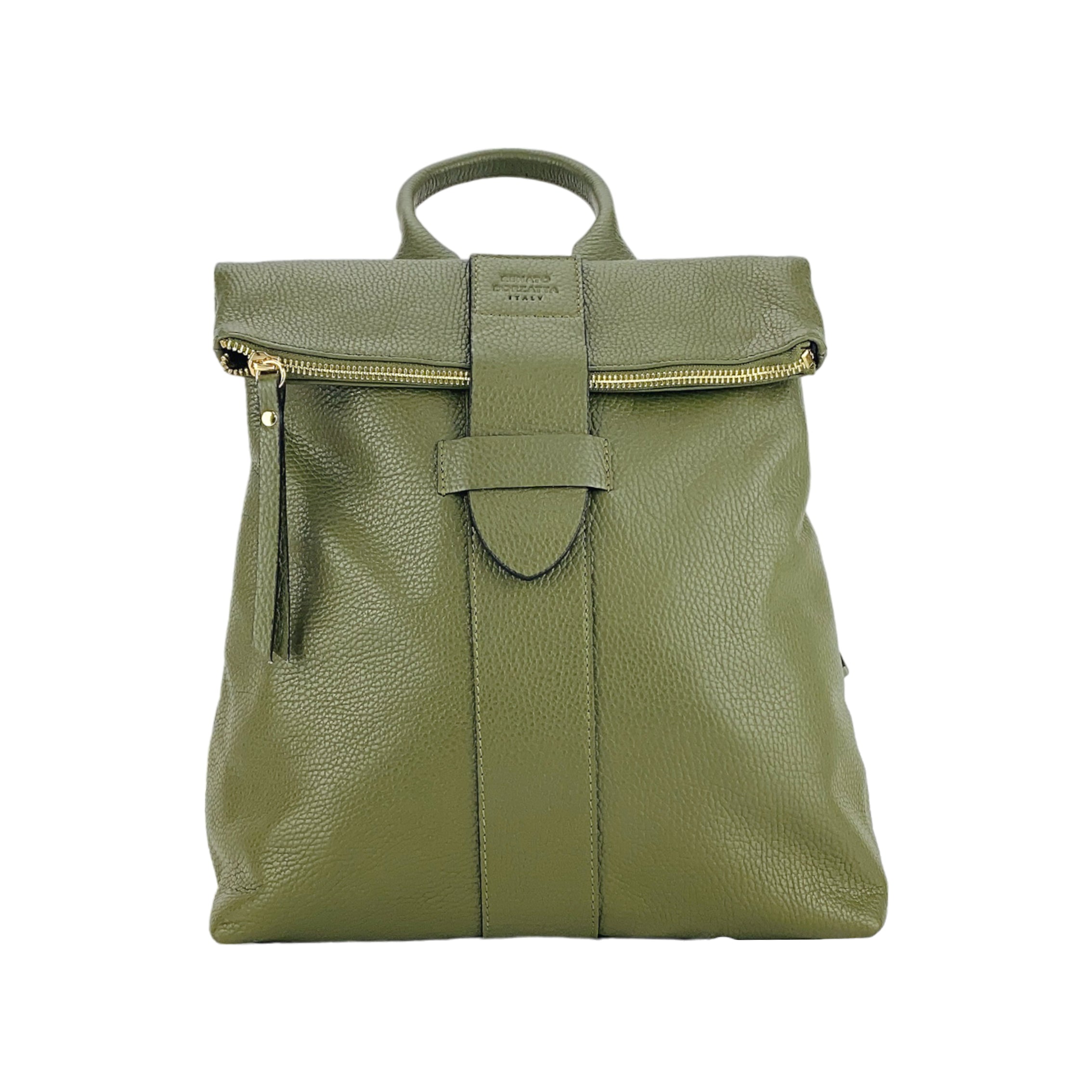RB1021E | Zaino Donna Morbido in Vera Pelle Made in Italy con Spallacci regolabili. Chiusura lampo e Accessori in metallo Oro Lucido - Colore Verde - Dimensioni: cm 30 x 34 x 10,5-2