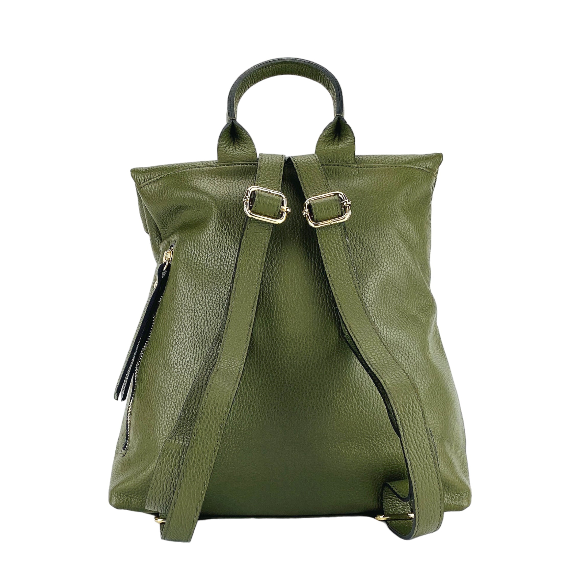 RB1021E | Zaino Donna Morbido in Vera Pelle Made in Italy con Spallacci regolabili. Chiusura lampo e Accessori in metallo Oro Lucido - Colore Verde - Dimensioni: cm 30 x 34 x 10,5-4