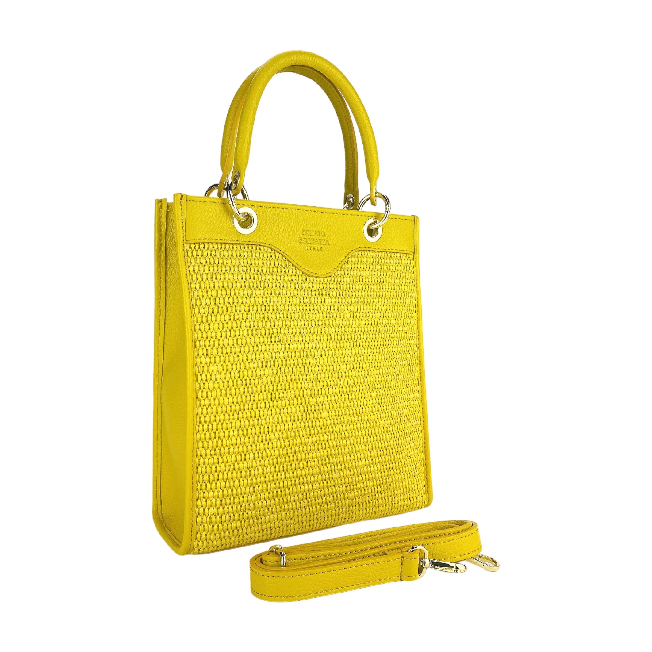 RB1026R | Women's upright hand bag in Genuine Leather and Straw Made in Italy. Removable and adjustable leather shoulder strap. Shiny Gold accessories - Yellow color - Dimensions: cm 24 x 29 x 9-2